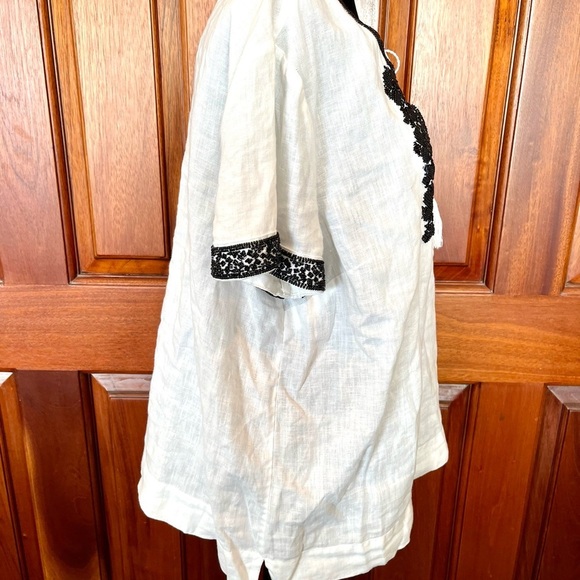 Talbots White Linen Black Beaded Split Neck Tassel Short Sleeve Top Blouse Large - Picture 2 of 8